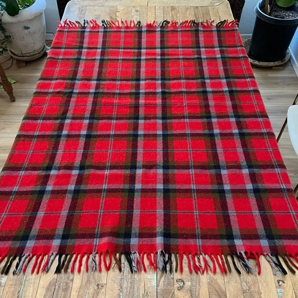 Vintage Red Tartan Plaid Fringed Wool Throw Blanket 49 x 55 in